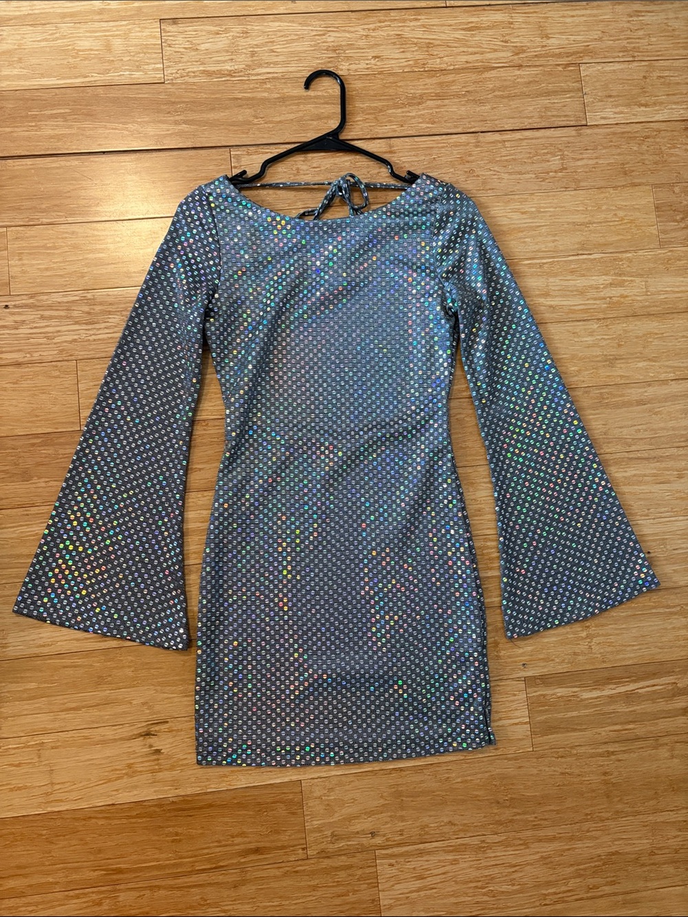 Holographic Silver Bell-Sleeve Mini Dress